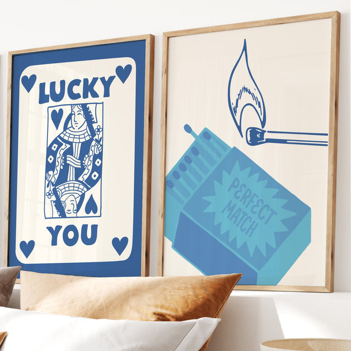 Trendy Retro Wall Art Set of 9,Retro Trendy Aesthetic Print,Lucky You Poster,Blue Print,Trendy Wall Art,Funny Art, Minimalist, Digital Art
