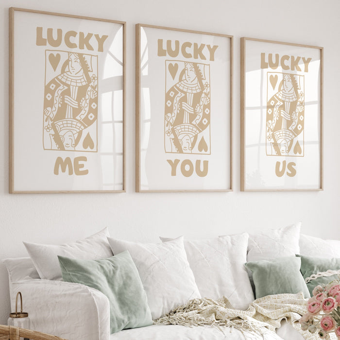 Trendy Retro Wall Art Set of 3,Retro Trendy Aesthetic Print,Lucky You Poster,Beige Print,Trendy Wall Art,Funny Art, Minimalist, Digital Art