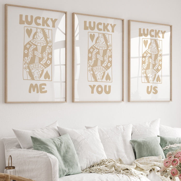 Neutral boho Print, Trendy Retro Wall Art, Set of 3, Retro Aesthetic Print,Lucky You Poster, Beige Print, Funny Art, Minimalist, Digital Art
