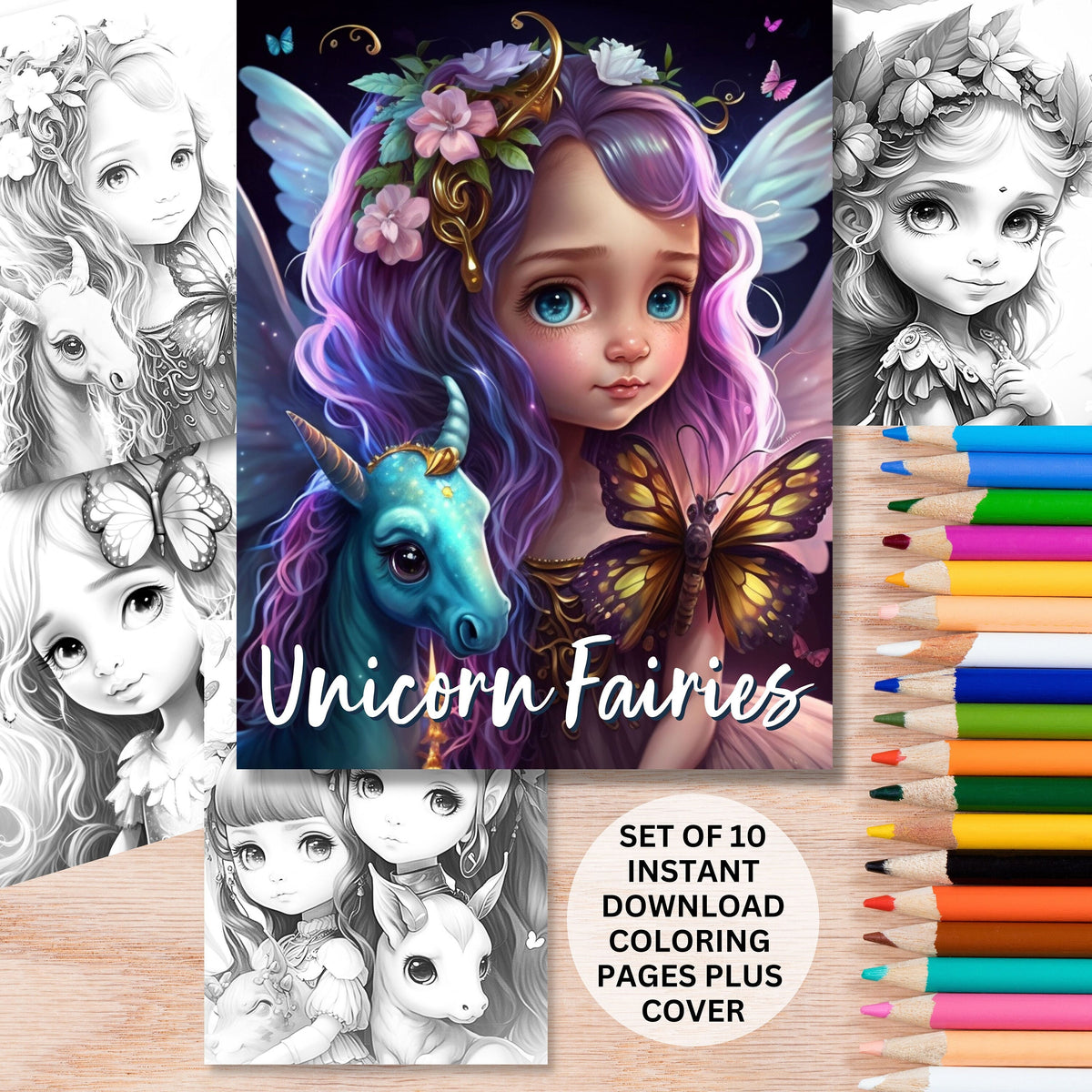 Delicate Fairy Coloring Book | Printable Coloring Pages Set of 10 Fant ...