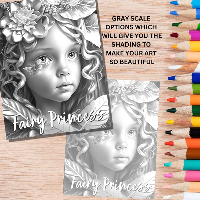 Delicate Fairy Princess Coloring Page | Fantasy Coloring Book, Adult kids, Instant Download - Grayscale Coloring Page - Gift, Printable PDF