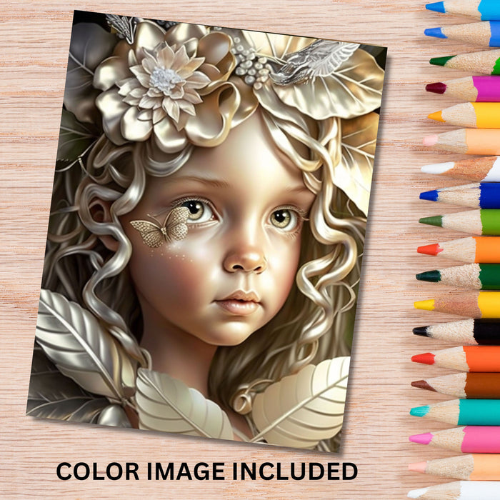 Delicate Fairy Princess Coloring Page | Fantasy Coloring Book, Adult kids, Instant Download - Grayscale Coloring Page - Gift, Printable PDF
