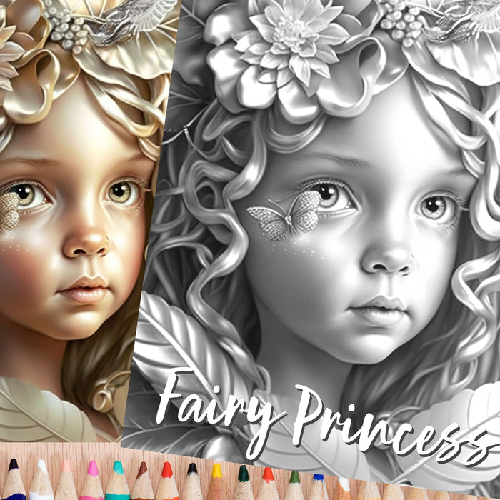 Delicate Fairy Princess Coloring Page | Fantasy Coloring Book, Adult kids, Instant Download - Grayscale Coloring Page - Gift, Printable PDF