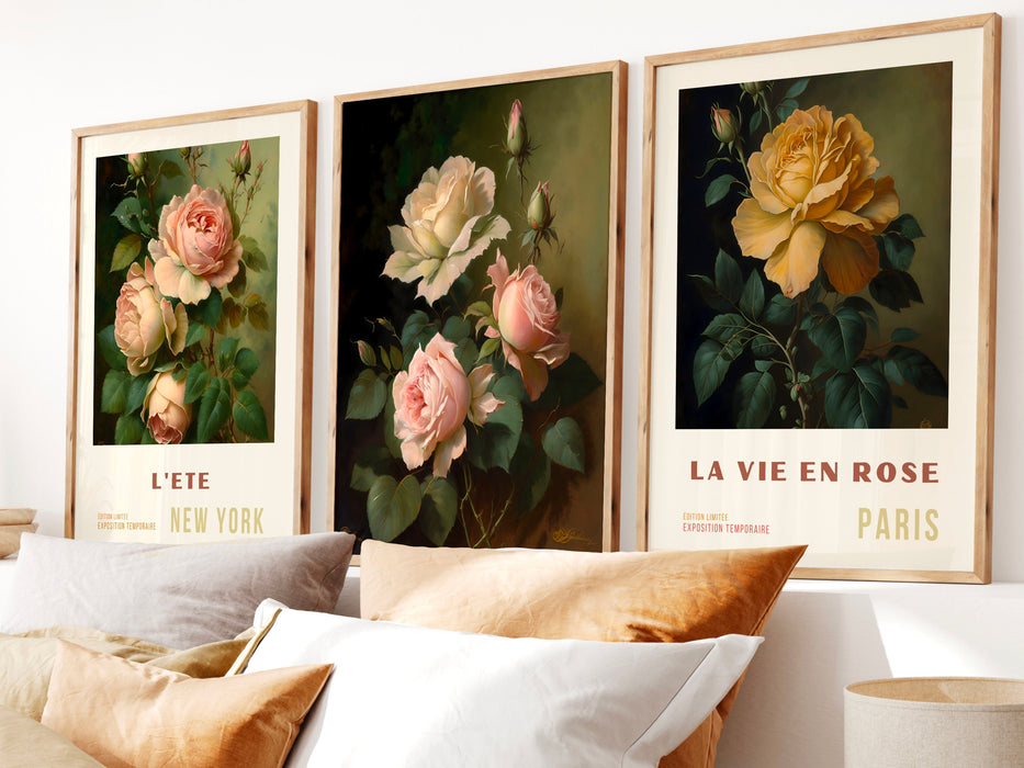 Pink Orange Flower Market Digital Download, 70s Style Poster, 60s Flower Print, Orange Pink Decor, Vintage Rose, Printable set of 5