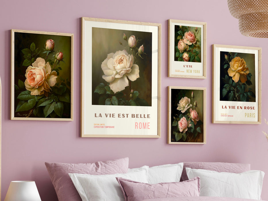 Pink Orange Flower Market Digital Download, 70s Style Poster, 60s Flower Print, Orange Pink Decor, Vintage Rose, Printable set of 5