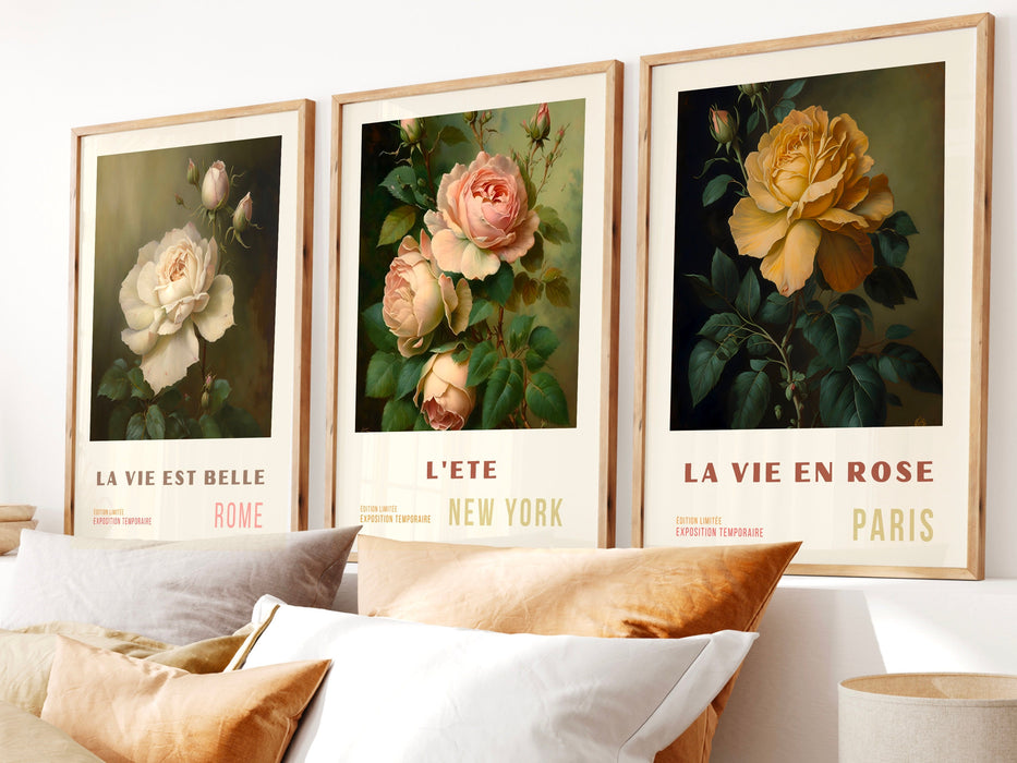 Pink Orange Flower Market Digital Download, 70s Style Poster, 60s Flower Print, Orange Pink Decor, Vintage Rose, Printable set of 5