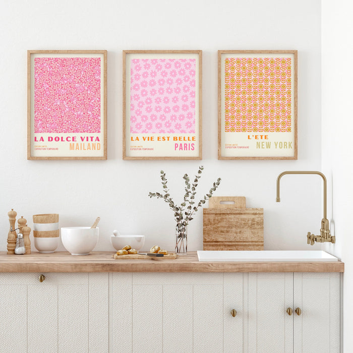 Pink Orange Flower Market Digital Download, 70s Style Poster, 60s Flower Print, Orange Pink Decor, Dorm Room Wall Art, Printable set of 3