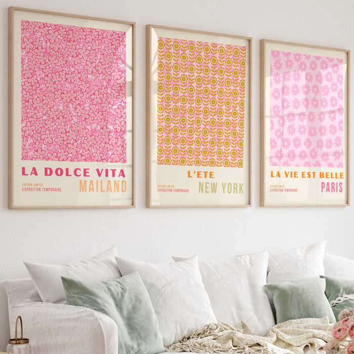 Pink Orange Flower Market Digital Download, 70s Style Poster, 60s Flower Print, Orange Pink Decor, Dorm Room Wall Art, Printable set of 3