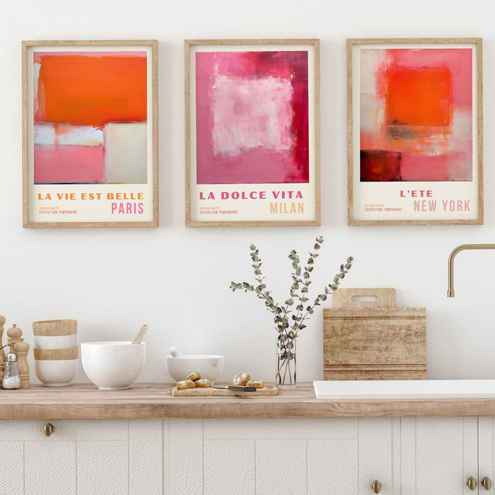 Pink Orange Abstract Digital Download, 70s Style Poster, 60s Flower Print, Orange Pink Decor, Dork Room Wall Art, Printable set of 3, Orange