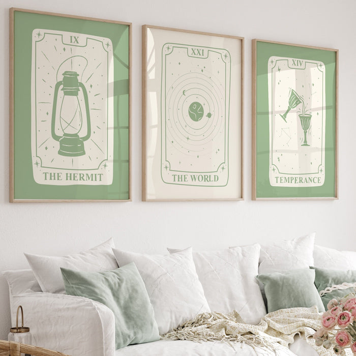 Tarot Deck, Trendy Zodiac Set Of 9, Retro Trendy Aesthetic Print, Sage Green Poster, Tarot Poster, Typographic Wall Art, Digital Download,