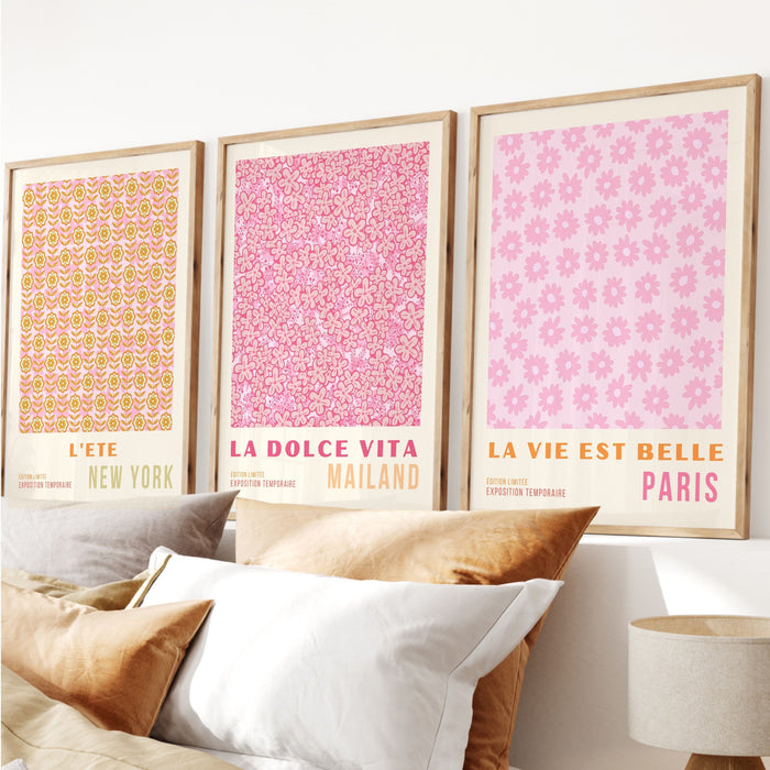 Pink Orange Flower Market Digital Download, 70s Style Poster, 60s Flower Print, Orange Pink Decor, Dorm Room Wall Art, Printable set of 3