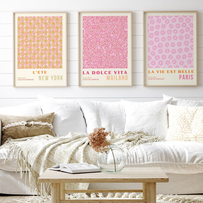 Pink Orange Flower Market Digital Download, 70s Style Poster, 60s Flower Print, Orange Pink Decor, Dorm Room Wall Art, Printable set of 3