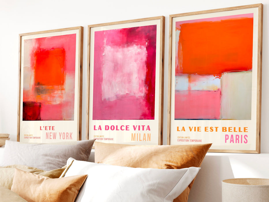 Pink Orange Abstract Digital Download, 70s Style Poster, 60s Flower Print, Orange Pink Decor, Dork Room Wall Art, Printable set of 3, Orange