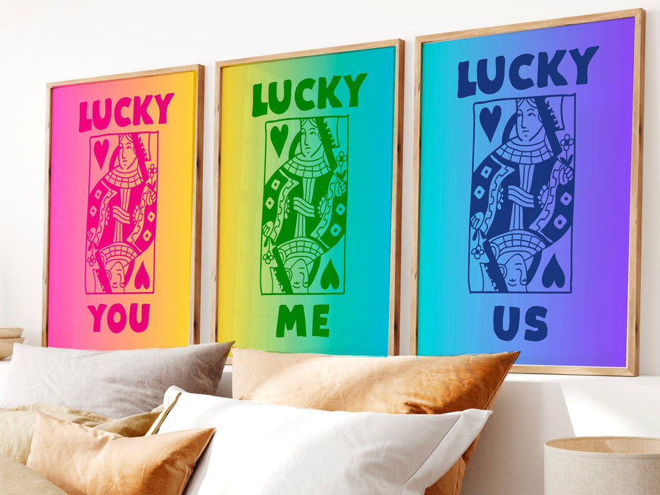 Gay Trendy Retro Wall Art Set of 3, Retro Trendy Aesthetic Print, Lucky You Poster, Rainbow Wall Art,Funny Art, Minimalist, Digital Art