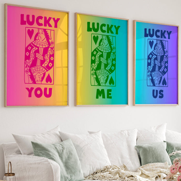 Gay Trendy Retro Wall Art Set of 3, Retro Trendy Aesthetic Print, Lucky You Poster, Rainbow Wall Art,Funny Art, Minimalist, Digital Art