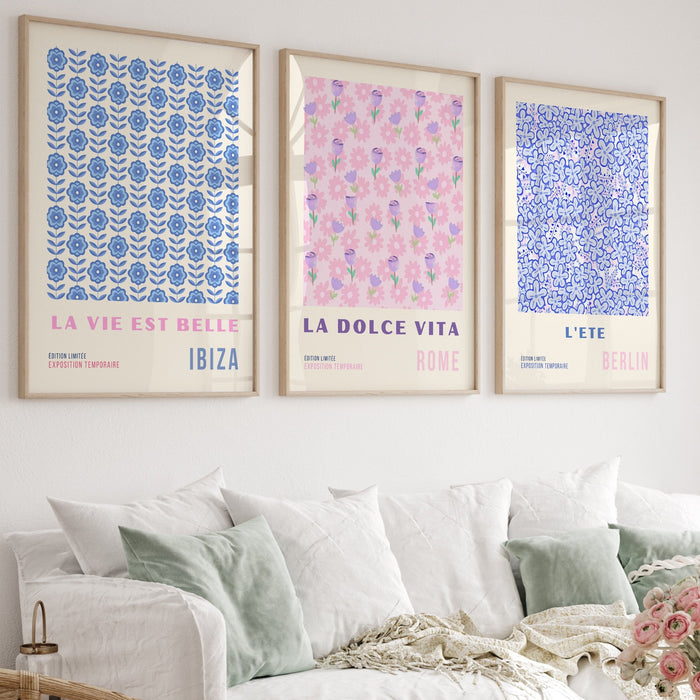 Above Bed Wall Art, Pink Blue Digital Download, Printable set of 6, 70s Style Poster, 60s Flower Print, Orange Pink Decor Dork Room Wall Art