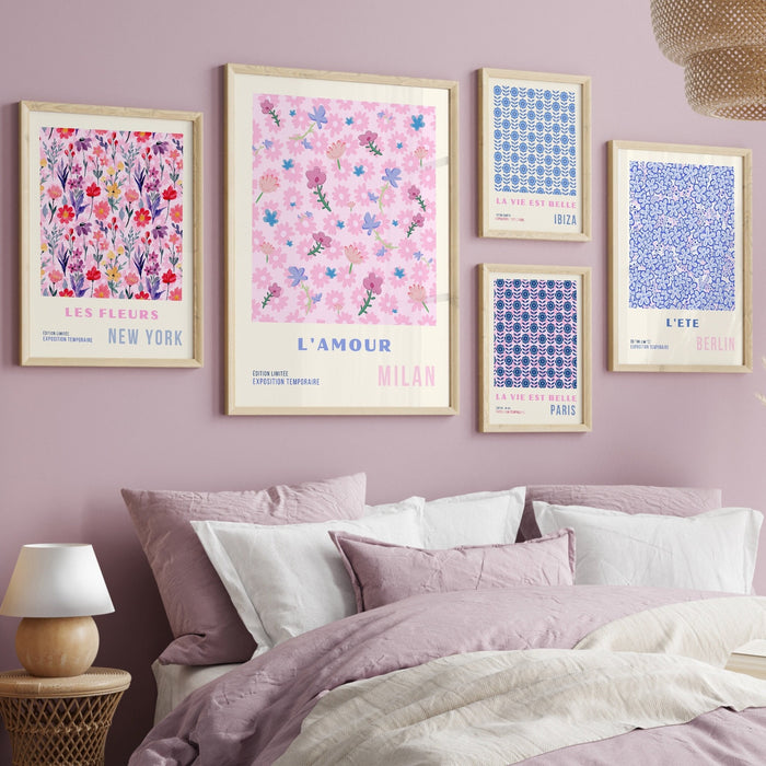 Above Bed Wall Art, Pink Blue Digital Download, Printable set of 6, 70s Style Poster, 60s Flower Print, Orange Pink Decor Dork Room Wall Art