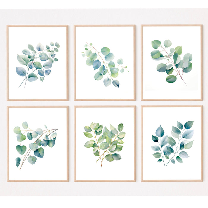 Bathroom Wall Art Set of 6, Eucalyptus Watercolor Prints, Printable Leaf Art, Green Art Prints, Living Room Art Sage Green Cottagecore