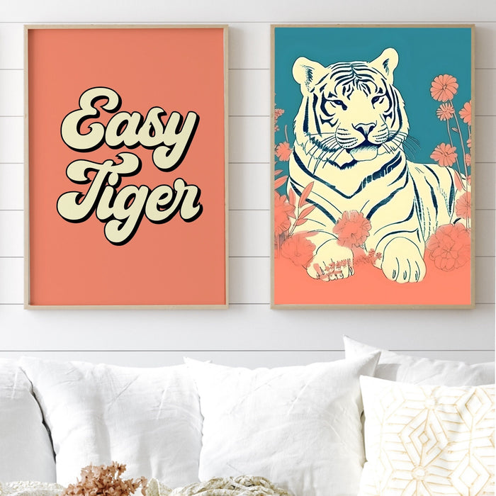 Set of 2 Retro Trendy Art Digital Prints , Easy Tiger, Dorm Decor, Large Wall Art, Animal print, Downloadable Art, Digital Art