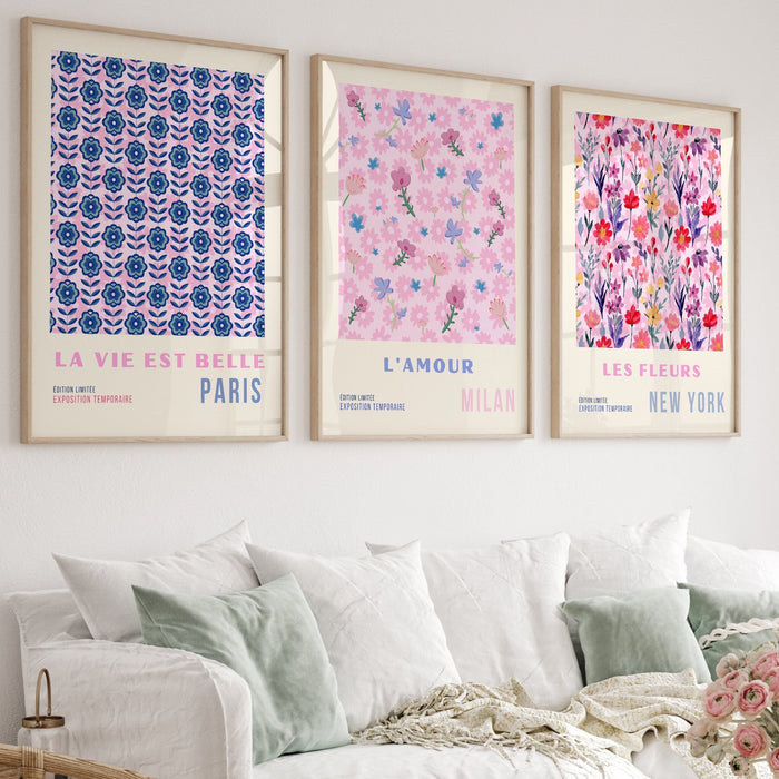 Above Bed Wall Art, Pink Blue Digital Download, Printable set of 6, 70s Style Poster, 60s Flower Print, Orange Pink Decor Dork Room Wall Art