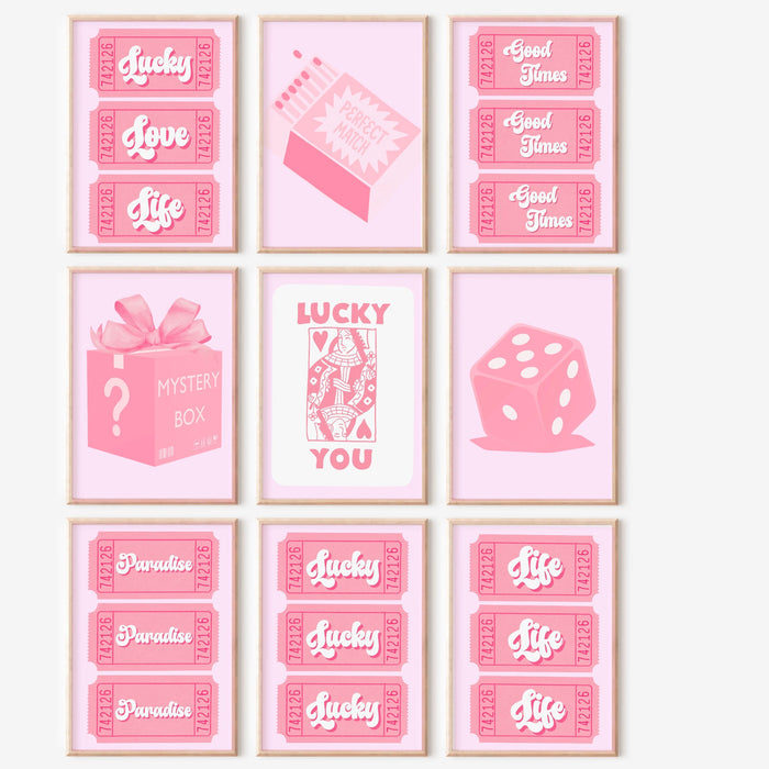 Trendy Retro Wall Art Set of 9,Retro Trendy Aesthetic Print,Lucky You Poster,Pink Print,Trendy Wall Art,Funny Art, Minimalist, Digital Art