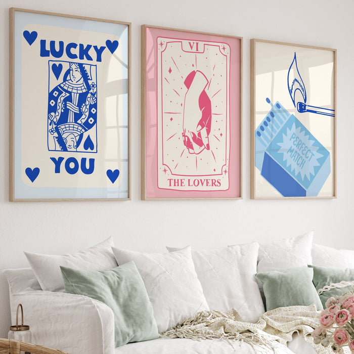 Trendy Retro Wall Art Set of 18, Retro Trendy Aesthetic Print,Lucky You Pink and Blue Sets,Trendy Wall Decor,Funny Art, Minimalist, Digital