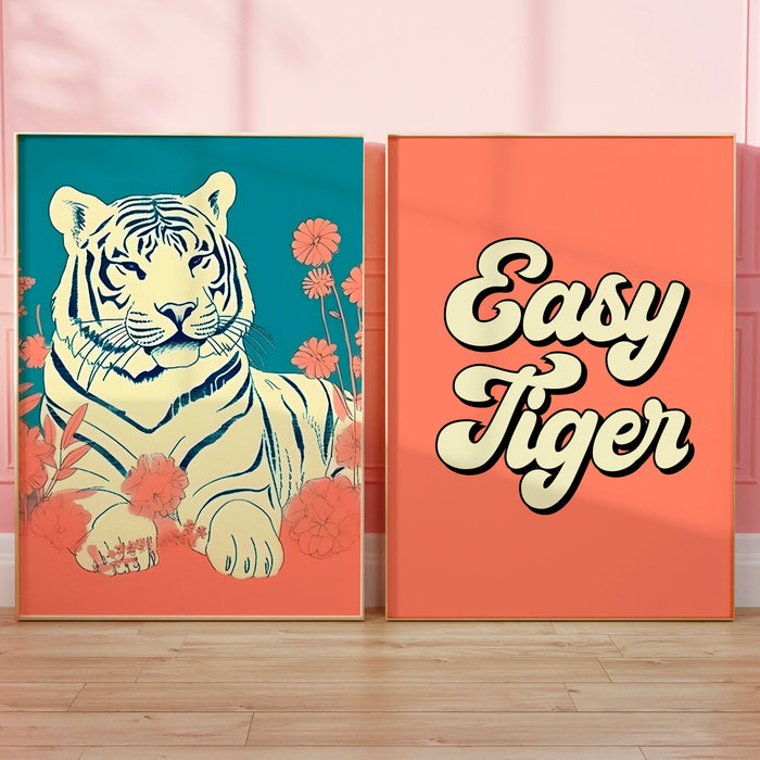 Set of 2 Retro Trendy Art Digital Prints , Easy Tiger, Dorm Decor, Large Wall Art, Animal print, Downloadable Art, Digital Art