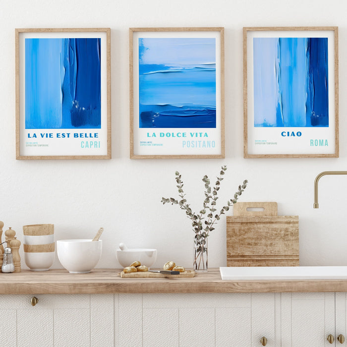 Blue Abstract Painting, Printable set of 3, Maximalist Art, Digital Print,  Blue Gallery Wall Art Print, Coastal Decor, Bright Art