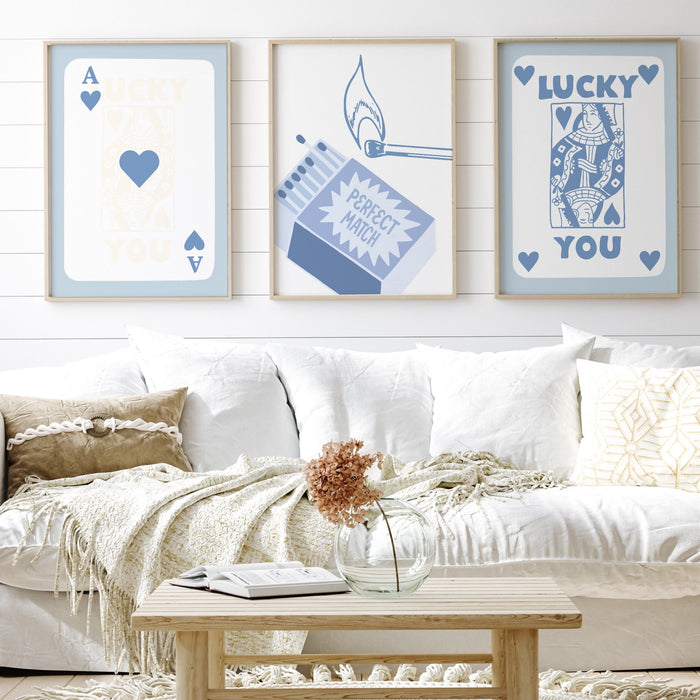 Trendy Retro Wall Art Set of 3, Retro Trendy Aesthetic Print,Lucky You Poster,Blue Print,Trendy Wall Art,Funny Art, Minimalist, Digital Art