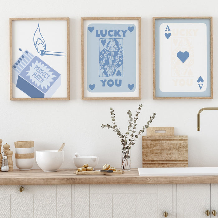 Trendy Retro Wall Art Set of 3, Retro Trendy Aesthetic Print,Lucky You Poster,Blue Print,Trendy Wall Art,Funny Art, Minimalist, Digital Art