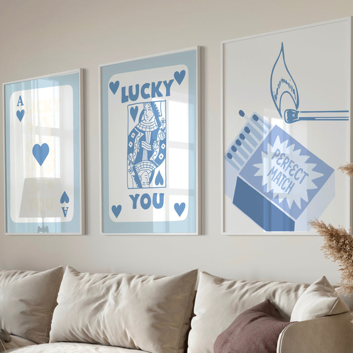 Trendy Retro Wall Art Set of 3, Retro Trendy Aesthetic Print,Lucky You Poster,Blue Print,Trendy Wall Art,Funny Art, Minimalist, Digital Art