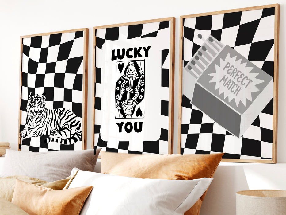 Trendy Retro Wall Art Set of 3,Retro Trendy Aesthetic Print,Lucky You Poster,Pink Print,Trendy Wall Art,Funny Art, Minimalist, Digital Art