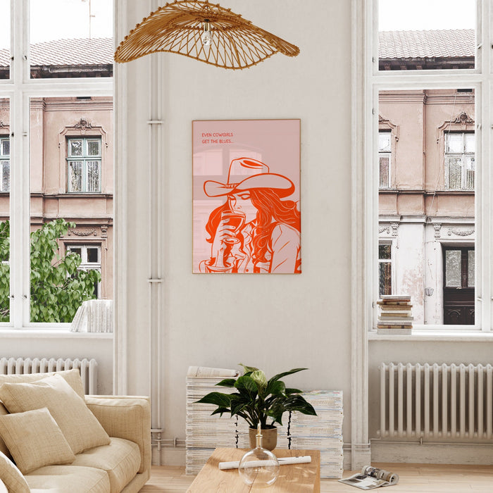 Even Cowgirls Get The Blues Cowgirl Pink Print Retro Trendy Wall Decor Orange Pink Dorm Room Decor Funny Western Digital Art