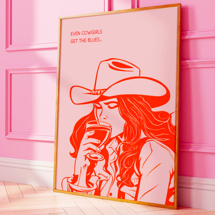 Even Cowgirls Get The Blues Cowgirl Pink Print Retro Trendy Wall Decor Orange Pink Dorm Room Decor Funny Western Digital Art