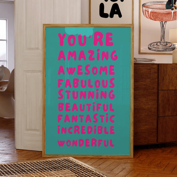 You Are Amazing Pink Turquoise Poster, Funky 70s Pink Wall Art, Digital Artwork,Printable, Girly Dorm Room Art Trendy Retro Digital Download
