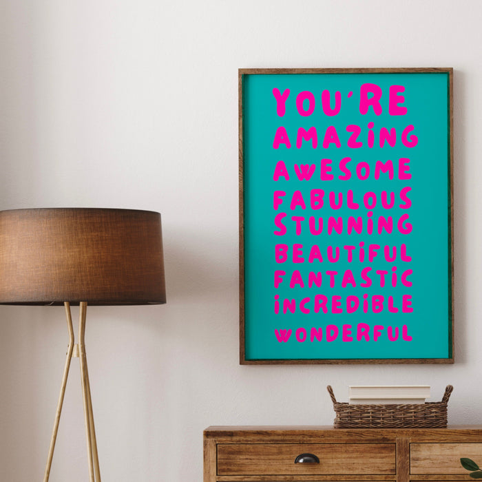 You Are Amazing Pink Turquoise Poster, Funky 70s Pink Wall Art, Digital Artwork,Printable, Girly Dorm Room Art Trendy Retro Digital Download
