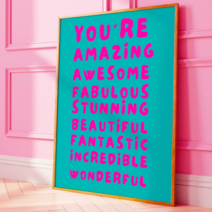 You Are Amazing Pink Turquoise Poster, Funky 70s Pink Wall Art, Digital Artwork,Printable, Girly Dorm Room Art Trendy Retro Digital Download