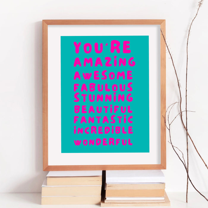 You Are Amazing Pink Turquoise Poster, Funky 70s Pink Wall Art, Digital Artwork,Printable, Girly Dorm Room Art Trendy Retro Digital Download