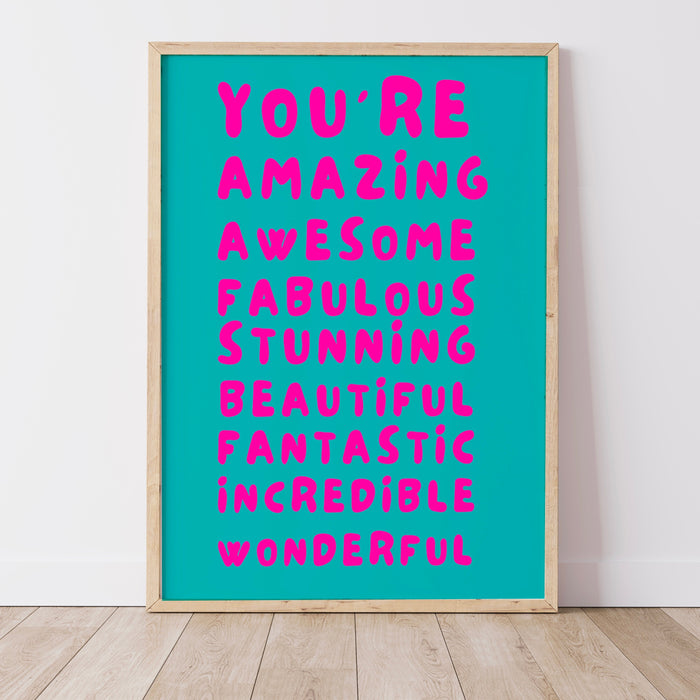 You Are Amazing Pink Turquoise Poster, Funky 70s Pink Wall Art, Digital Artwork,Printable, Girly Dorm Room Art Trendy Retro Digital Download