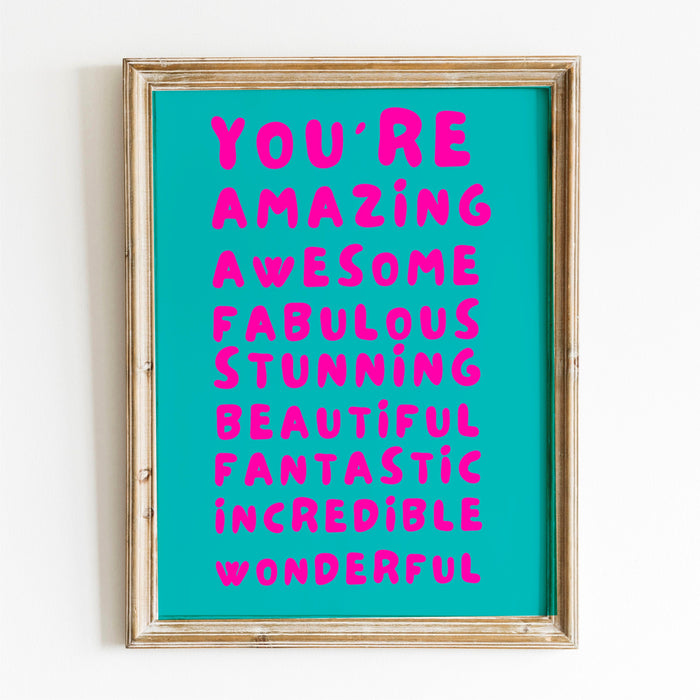 You Are Amazing Pink Turquoise Poster, Funky 70s Pink Wall Art, Digital Artwork,Printable, Girly Dorm Room Art Trendy Retro Digital Download