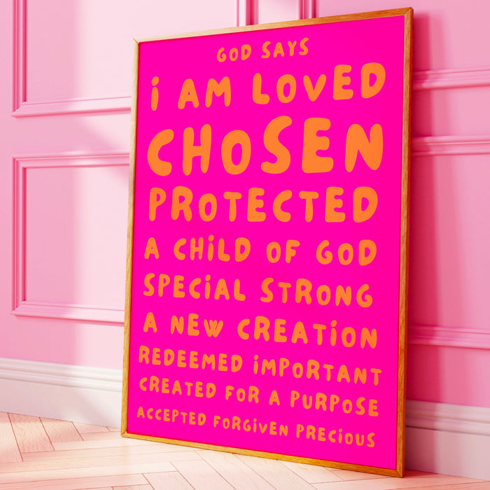 God Says I Am Loved Christian Scripture Gift Pink Orange Poster Pink Wall Art Printable Maximalist Christian Dorm Digital Download