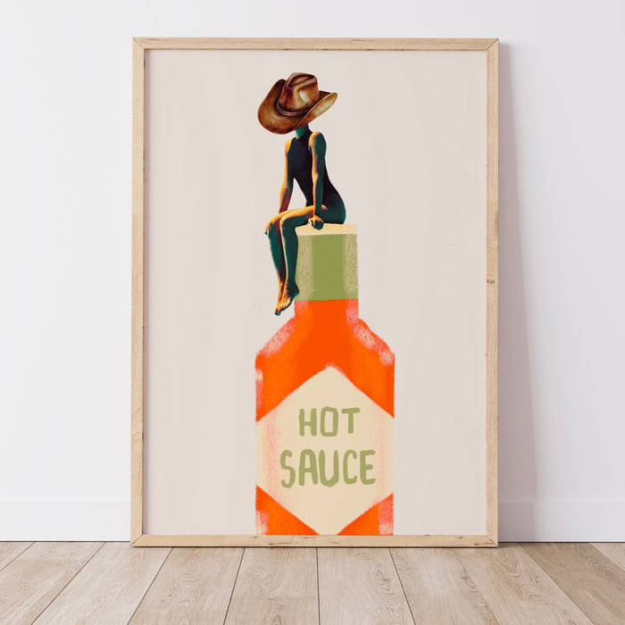Hot Sauce Cowgirl Poster Trendy 70s Print, Retro Wall Art, Kitchen Decor Retro, Digital Artwork, Dorm Room ArtT