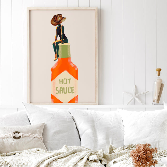 Hot Sauce Cowgirl Poster Trendy 70s Print, Retro Wall Art, Kitchen Decor Retro, Digital Artwork, Dorm Room ArtT