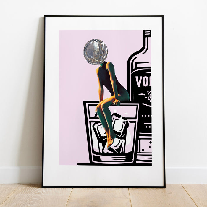 Pink funky disco 70s print barcart disco ball retro funny vodka wallart luxury mirrorball trendy printable dorm decor digital download