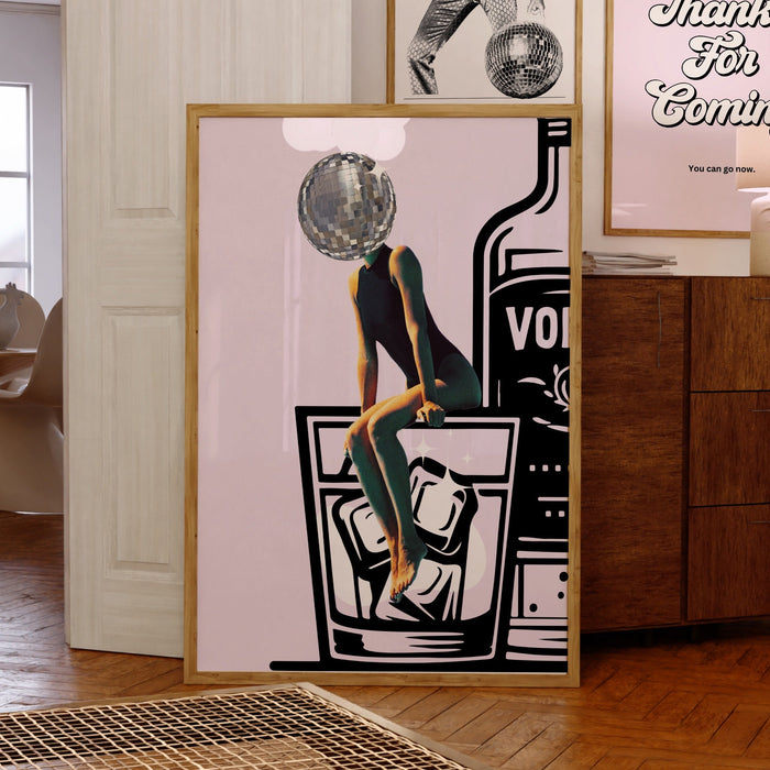 Pink funky disco 70s print barcart disco ball retro funny vodka wallart luxury mirrorball trendy printable dorm decor digital download
