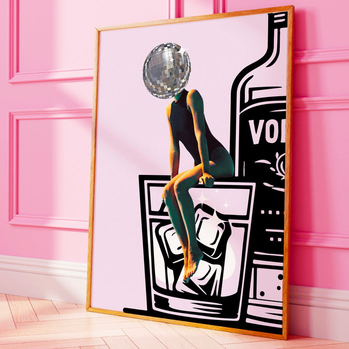 Pink funky disco 70s print barcart disco ball retro funny vodka wallart luxury mirrorball trendy printable dorm decor digital download
