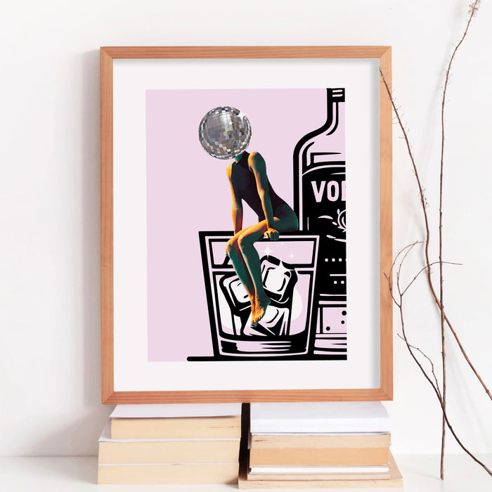 Pink funky disco 70s print barcart disco ball retro funny vodka wallart luxury mirrorball trendy printable dorm decor digital download