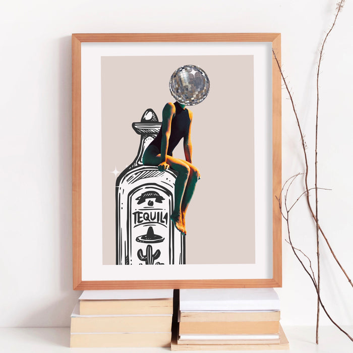 Tequila barcart art retro set of 3 posters bar cart funky disco vintage 70s print beige dorm living room decor prints mirrorball printable