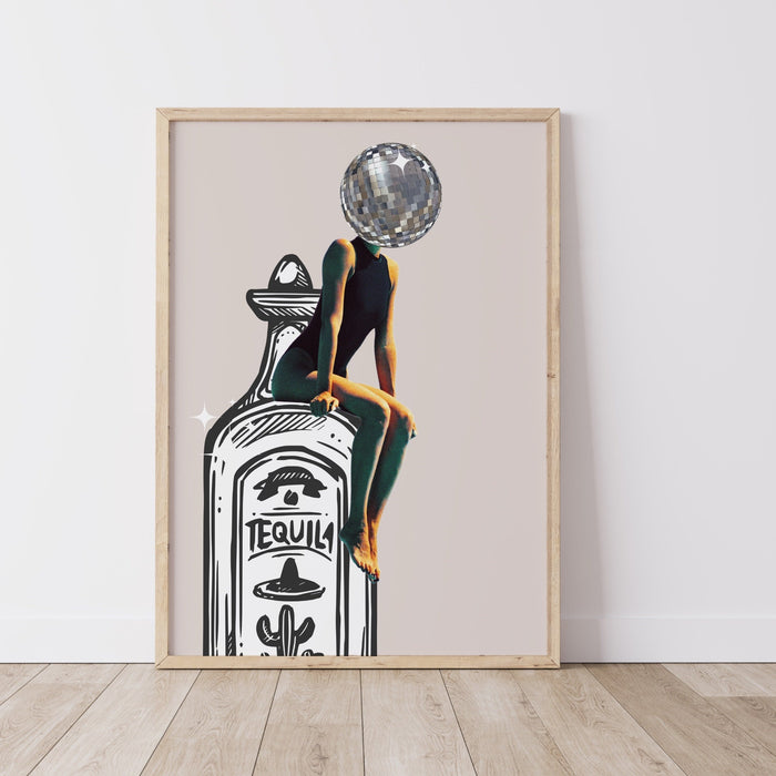 Tequila barcart art retro set of 3 posters bar cart funky disco vintage 70s print beige dorm living room decor prints mirrorball printable