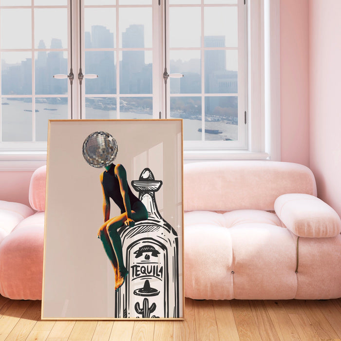 Tequila barcart art retro set of 3 posters bar cart funky disco vintage 70s print beige dorm living room decor prints mirrorball printable